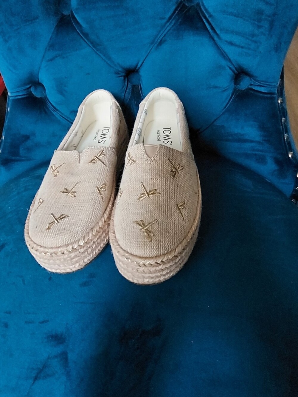 Beige Platform Espadrille Slip-On Shoes With Gold Dragonflies - Picture 4 of 7